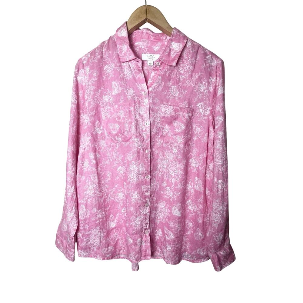 Charter Club Luxury 100% Linen Shirt Women’s Petite Large Pink Floral Button Up